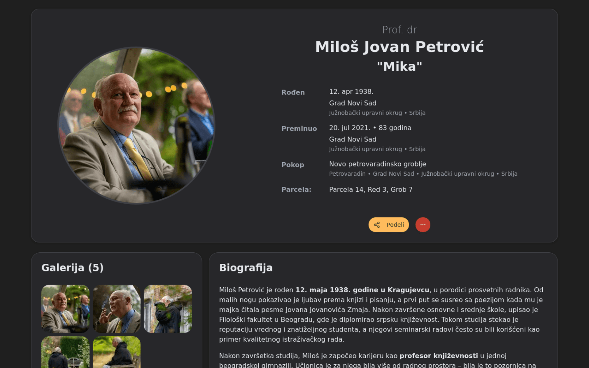 e-Spomen digitalni spomenik - Prikaz stranice sa biografijom, fotografijama i porodičnim vezama