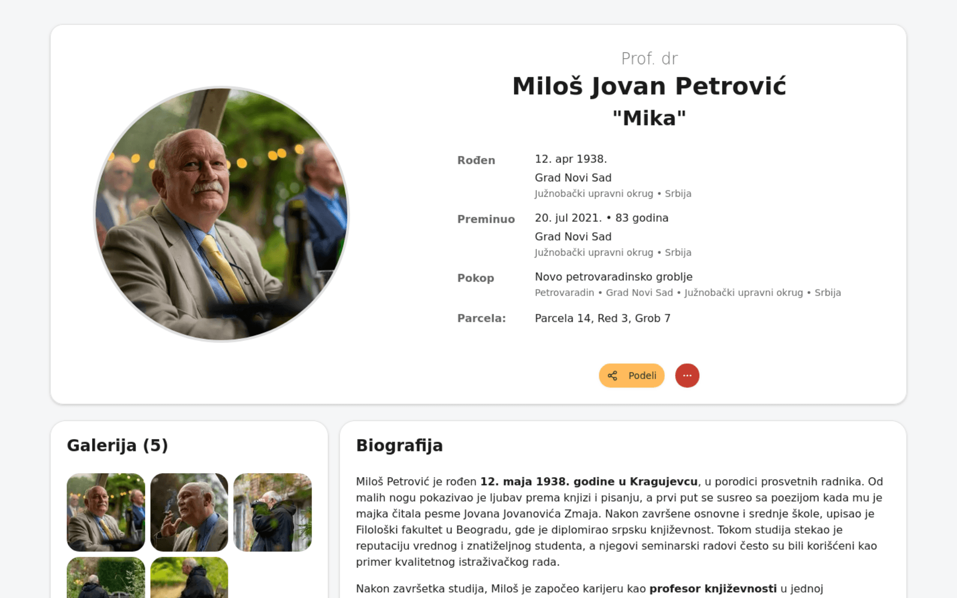 e-Spomen digitalni spomenik - Prikaz stranice sa biografijom, fotografijama i porodičnim vezama
